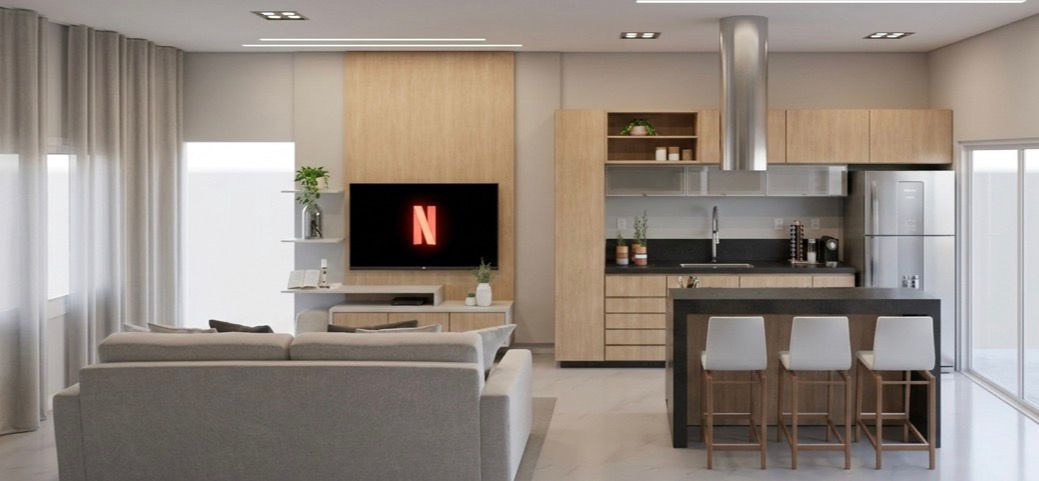 Apartamento com sala integrada à cozinha e ilha gourmet