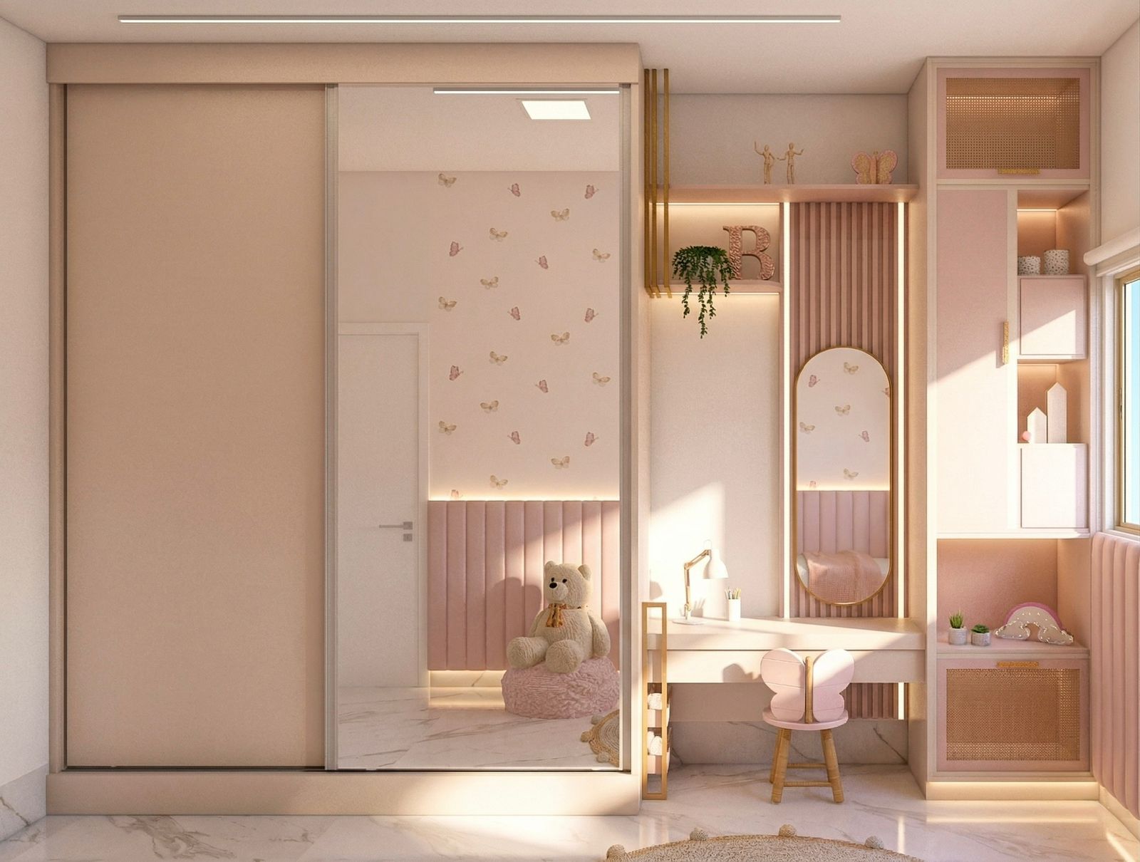 Quarto infantil rosé com painel de borboletas e cantinho de estudos