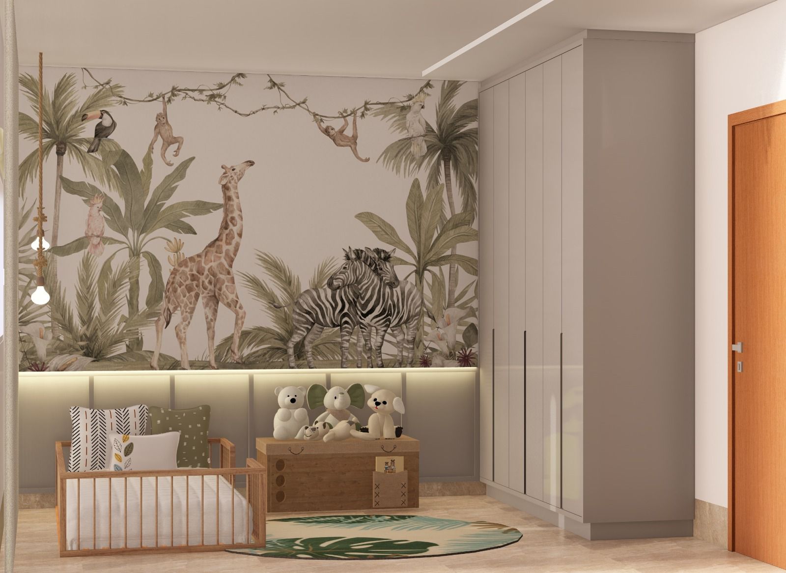 Quarto infantil com painel safári e marcenaria sob medida
