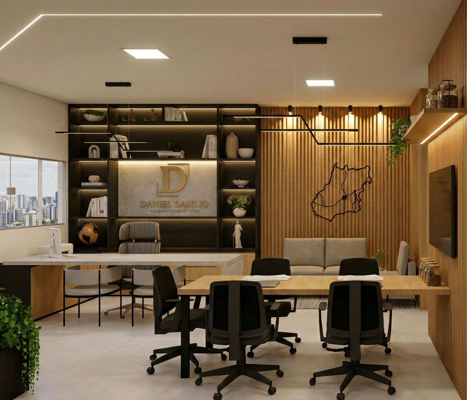 Sala comercial corporativa com ripado, marcenaria escura e mesa de reunião